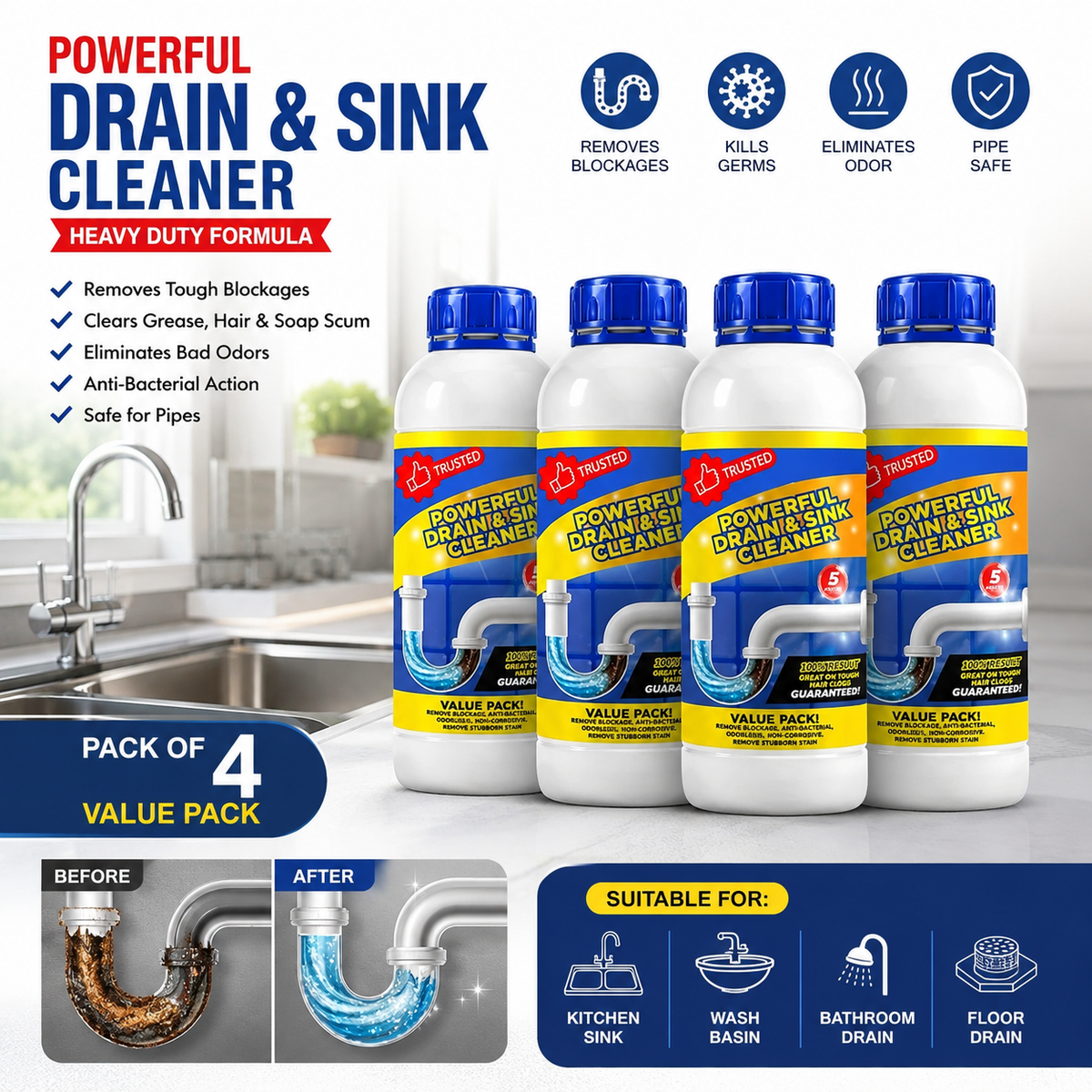 Powerful Drain and Sink Cleaner for Blocked Pipes