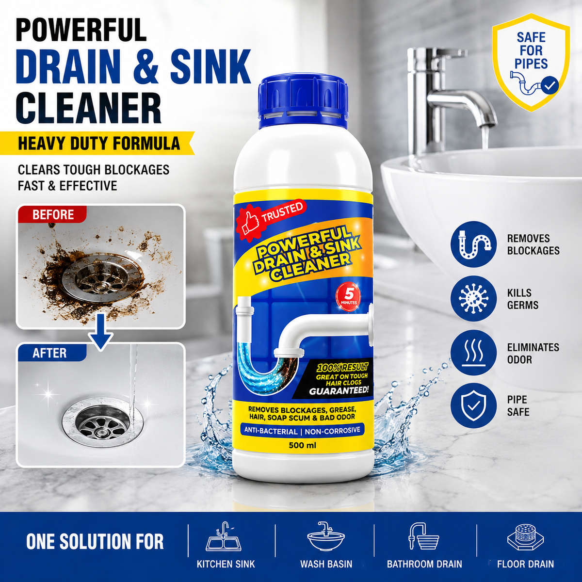 Powerful Drain and Sink Cleaner for Blocked Pipes